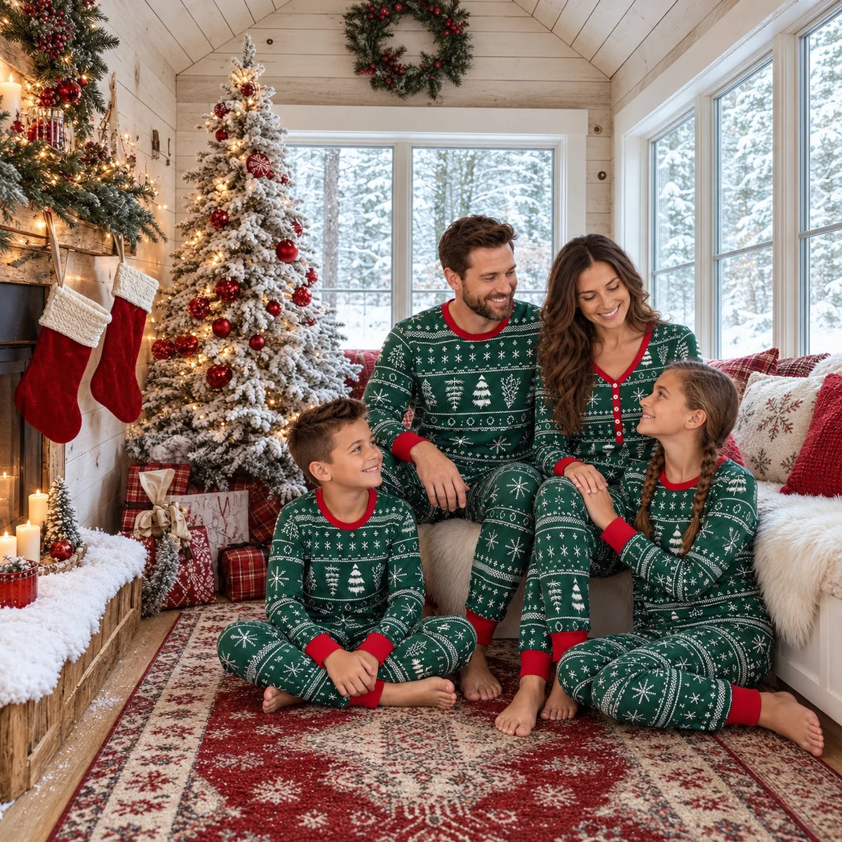 Family in dark green Fair Isle Christmas pajamas sitting on a red patterned rug beside a tree and snowy windows.