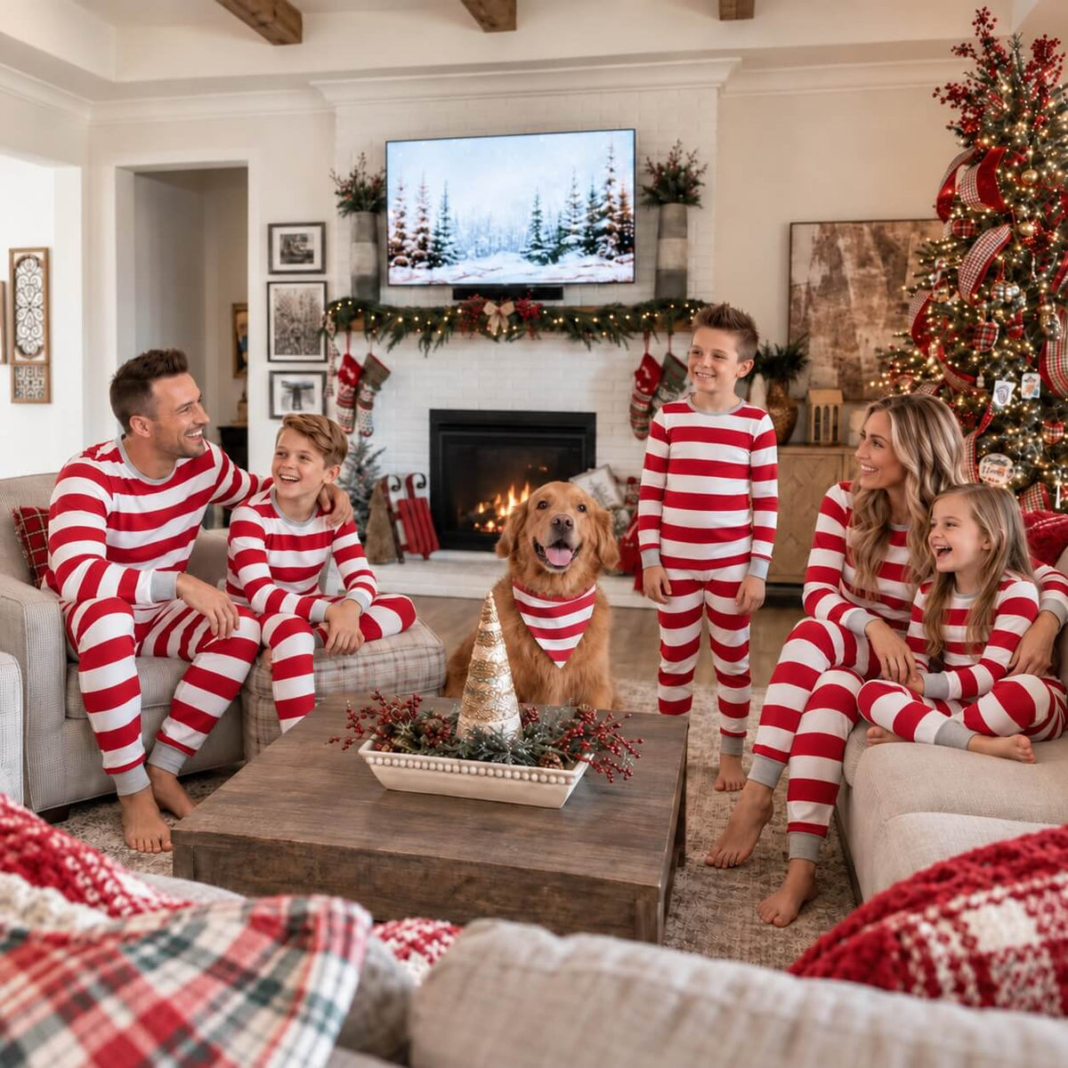 Holiday Candy Cane Striped Matching Family Christmas Pajamas with Dog Bandana