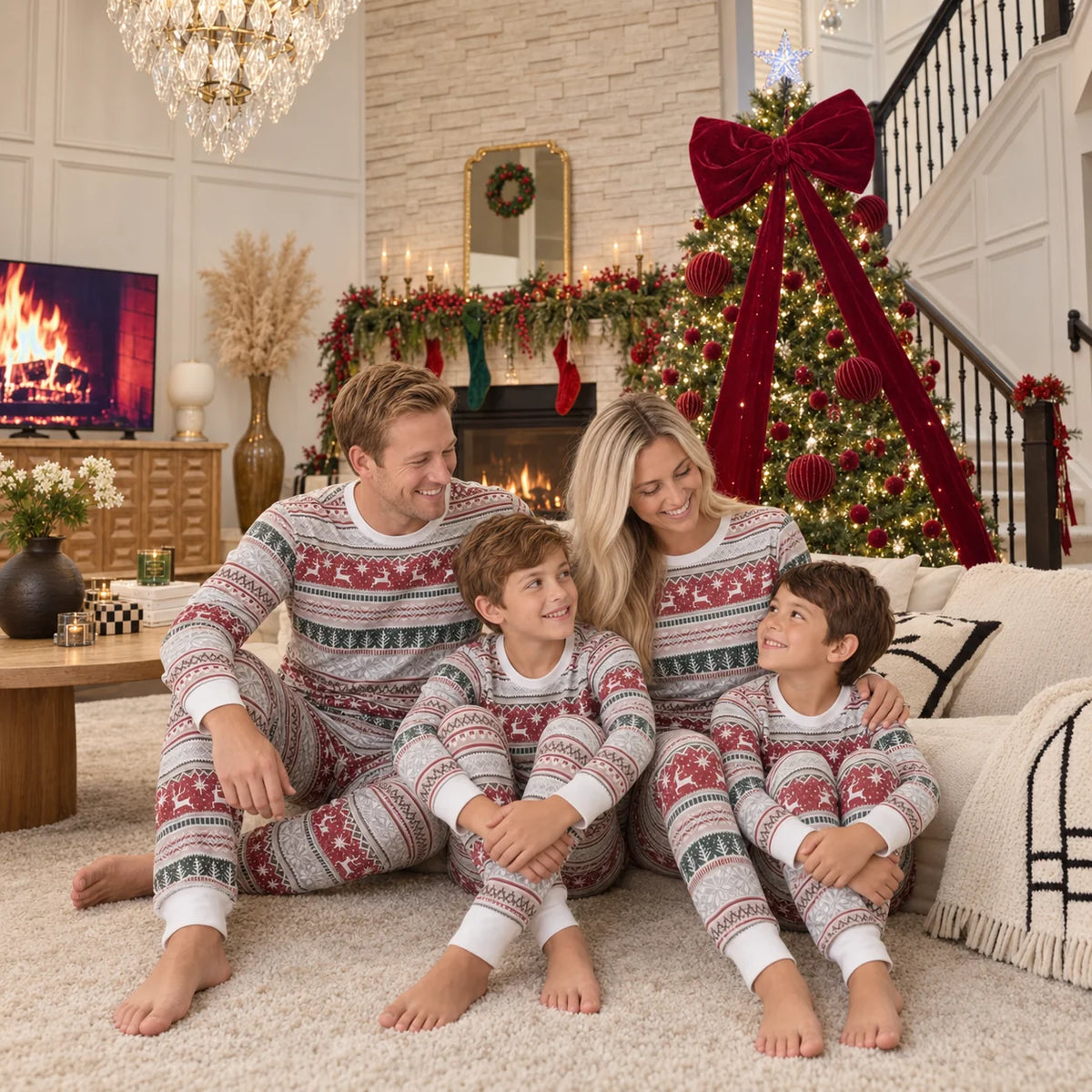 Family in gray, red and green Fair Isle Christmas pajamas sitting together beside a tree with a large red bow.