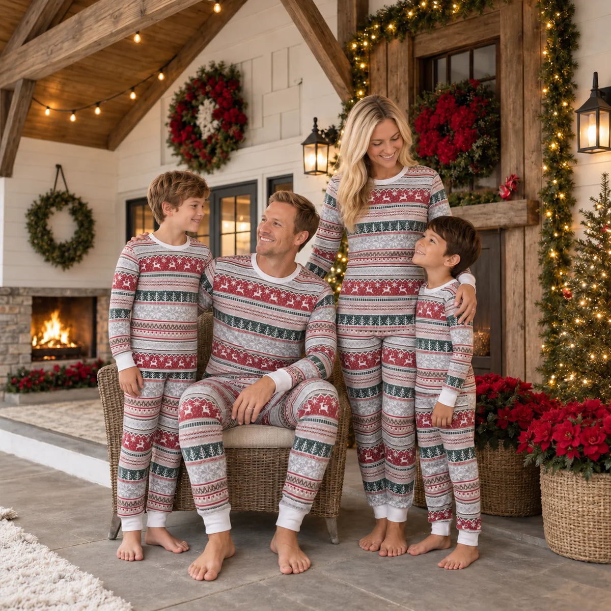 Family in gray, red and green Fair Isle Christmas pajamas gathered on a porch with wreaths, lights and poinsettias.