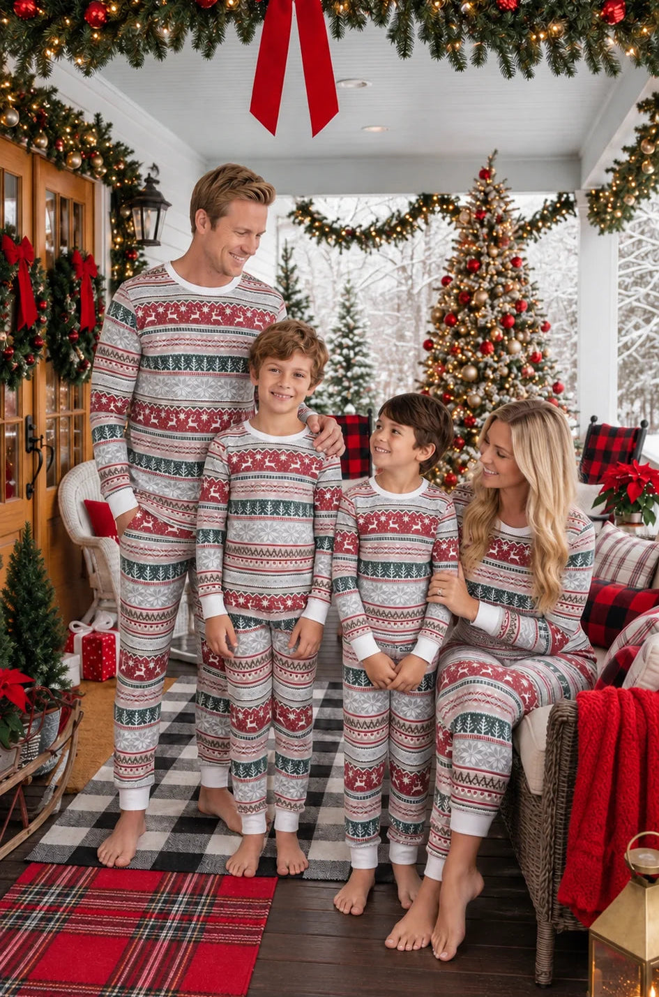 Family in gray, red and green Fair Isle Christmas pajamas on a porch beneath garlands and a large red bow.