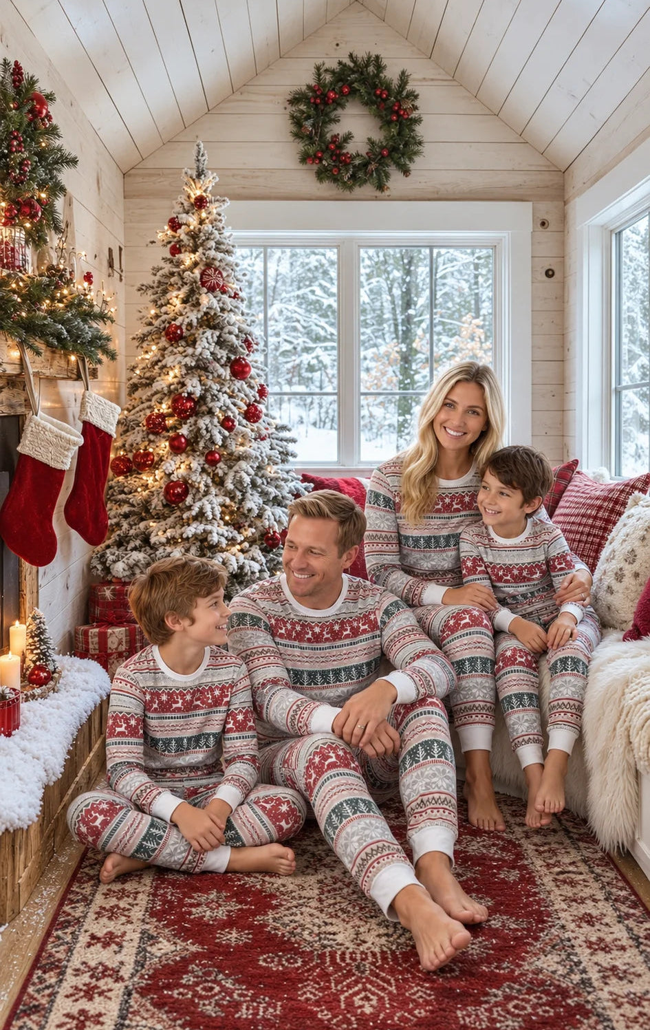 Family in gray, red and green Fair Isle Christmas pajamas sitting by a sofa, tree and snow-covered windows.