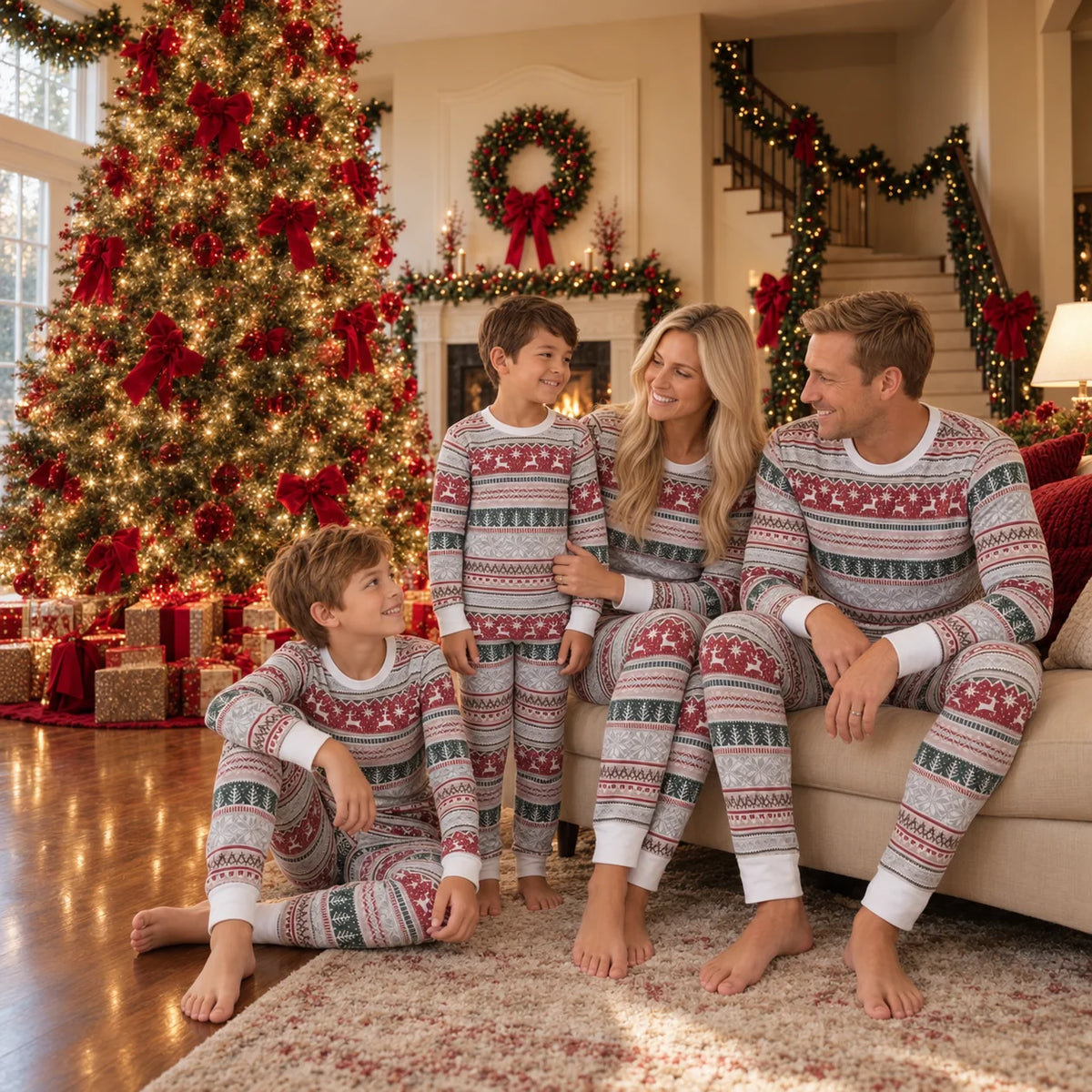 Family in gray, red and green Fair Isle Christmas pajamas gathered around a sofa beside a brightly lit tree.