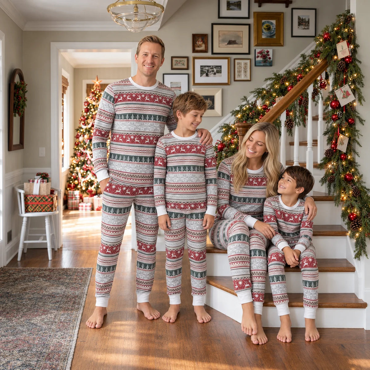 Family in gray, red and green Fair Isle Christmas pajamas standing and sitting beside a garland-covered staircase.