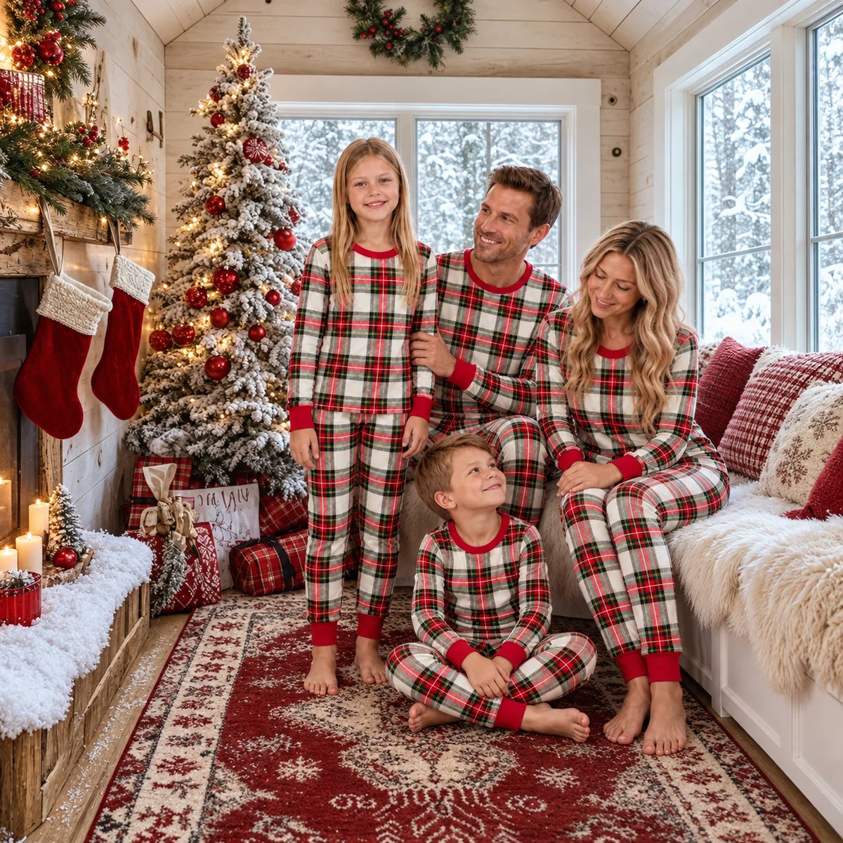 Family in cream, red and green plaid Christmas pajamas gathered beside a sofa, decorated tree and snowy windows.
