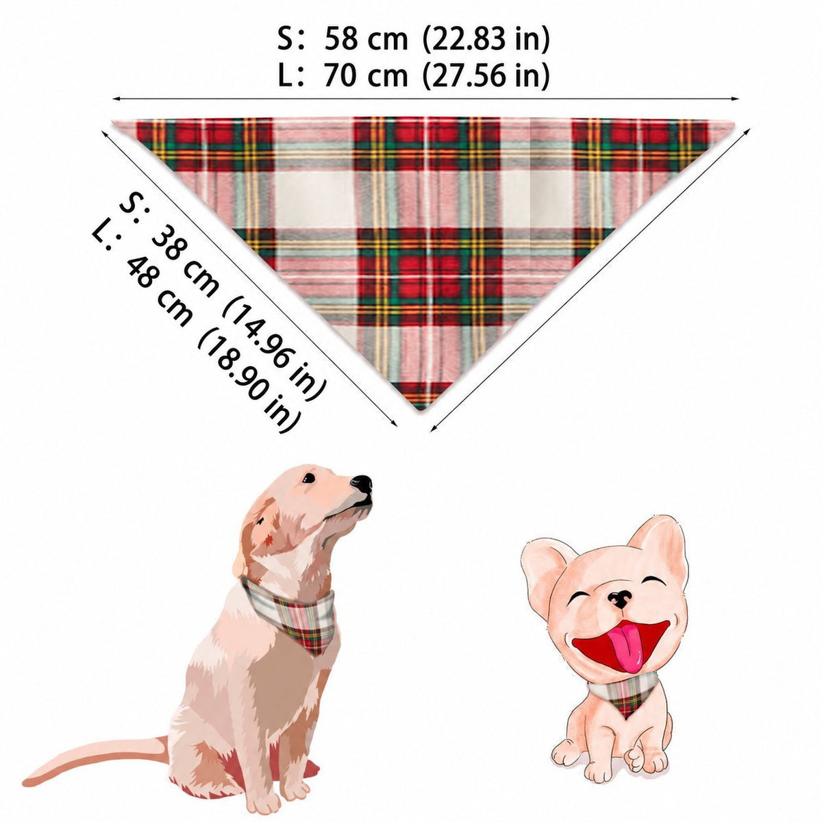Schema delle misure di una bandana per cane a quadri beige, rossi e verdi, con misure S e L e due cani illustrati.