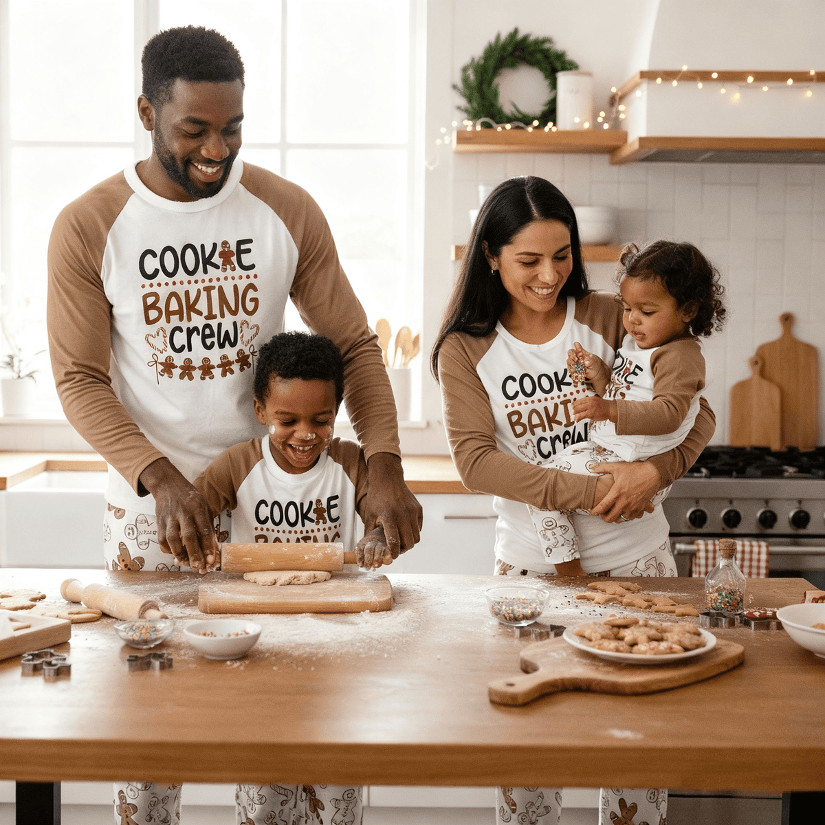 Family making cookies in a kitchen wearing brown-sleeved Cookie Baking Crew tops and gingerbread print pajama pants.