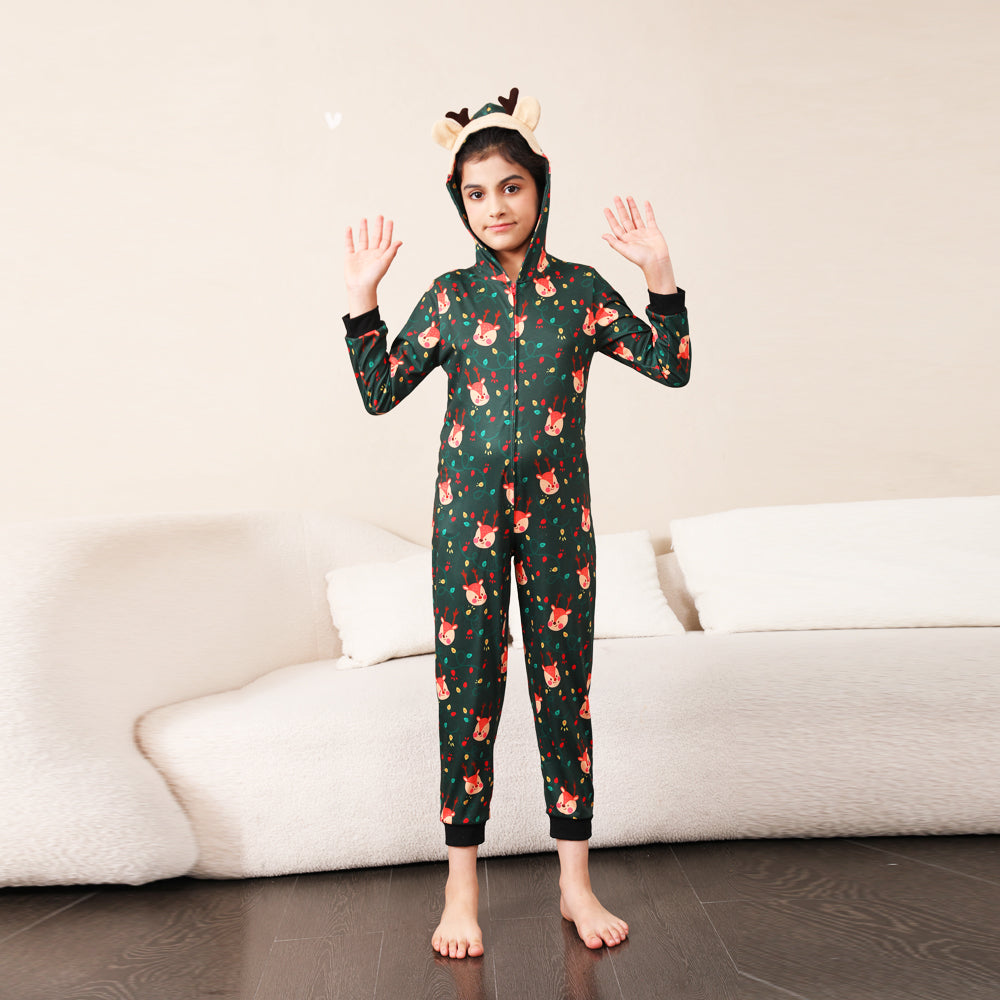 Green Fox and Christmas Llight Bulb Matching Family Christmas Pajamas Onesies