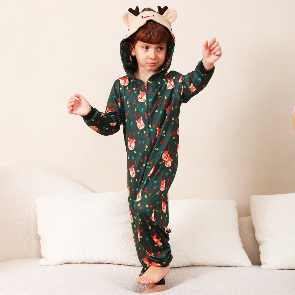 Green Fox and Christmas Llight Bulb Matching Family Christmas Pajamas Onesies