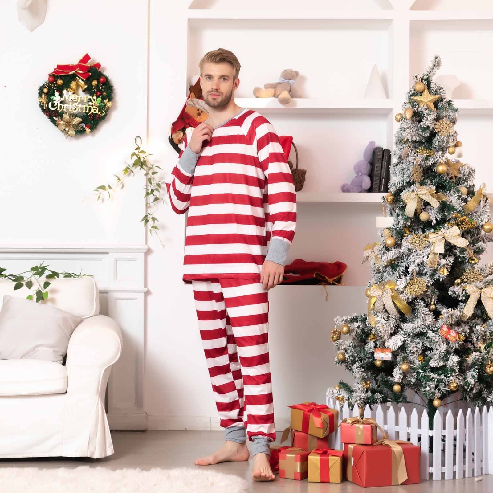 Holiday Can Striped Matching Family Christmas Pajamas-Dog Pajamas Included