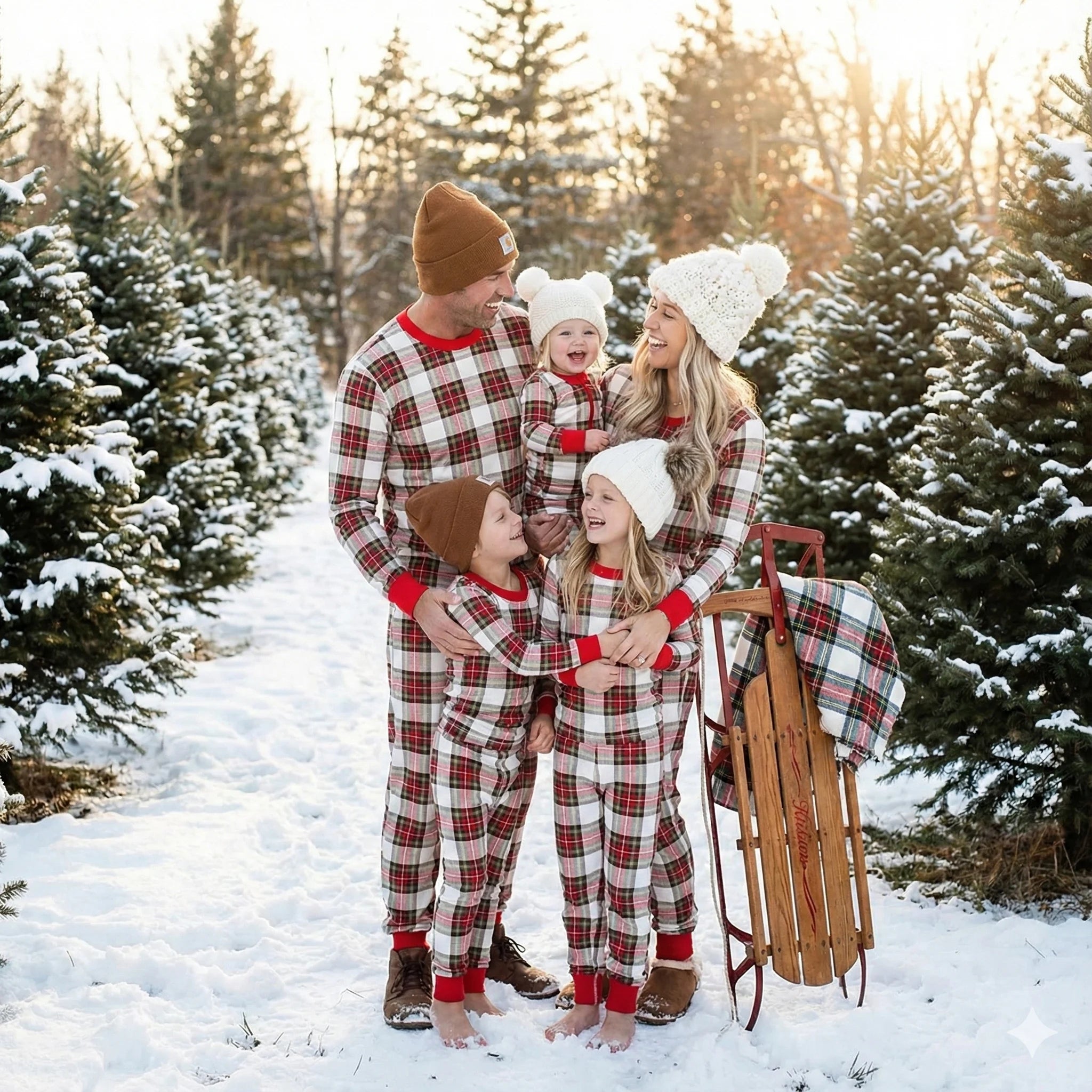 Cozy Holiday Plaid with Red Cuffs Family Christmas Matching Pajamas with Pet PJs