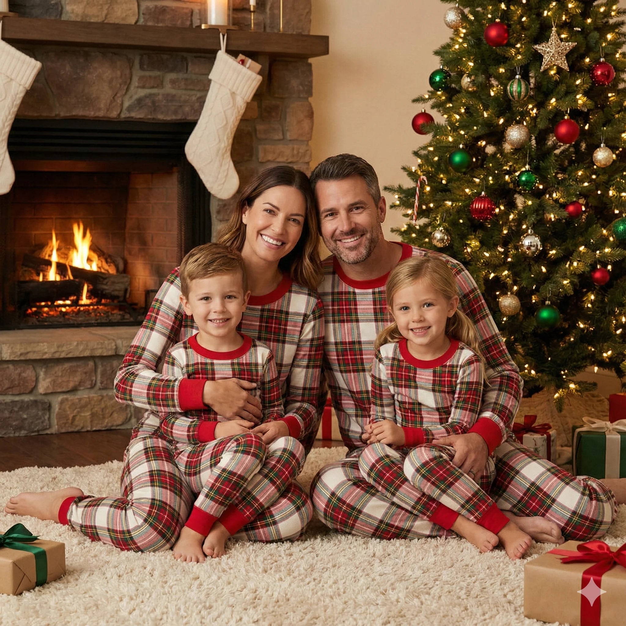 Cozy Holiday Plaid with Red Cuffs Family Christmas Matching Pajamas with Pet PJs