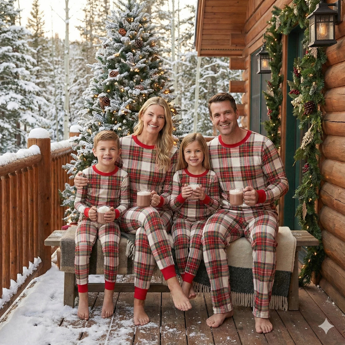 Cozy Holiday Plaid with Red Cuffs Family Christmas Matching Pajamas with Pet PJs