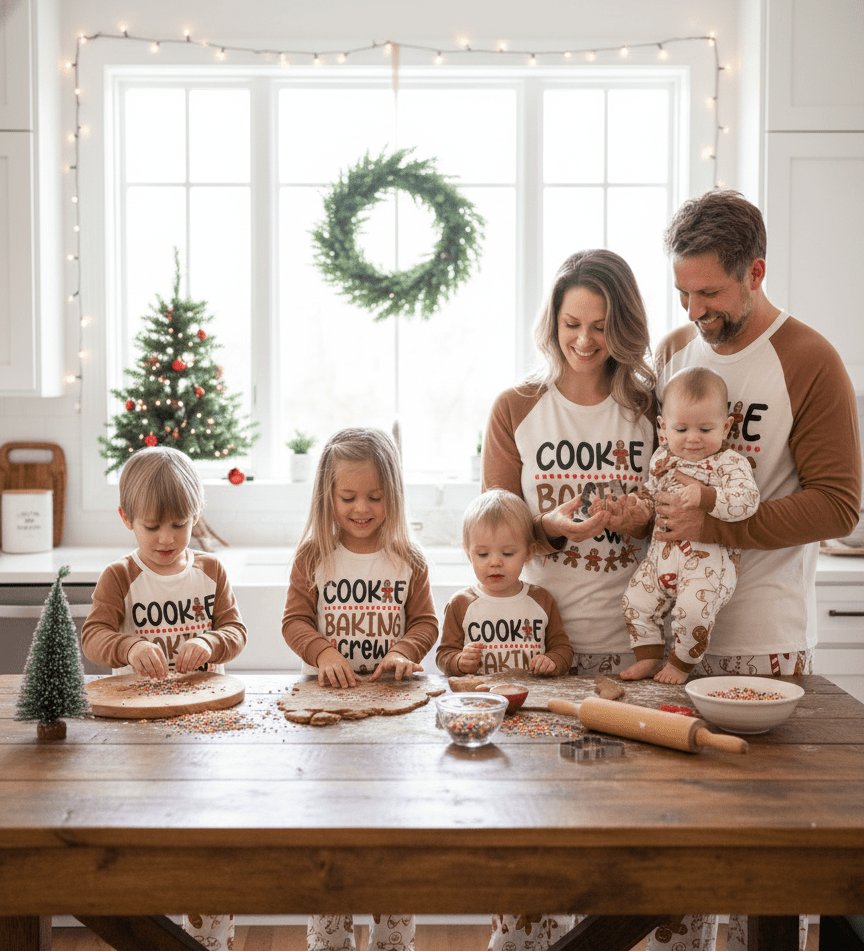 Parents and four children baking together in Cookie Baking Crew pajamas, with the baby in a gingerbread print romper.
