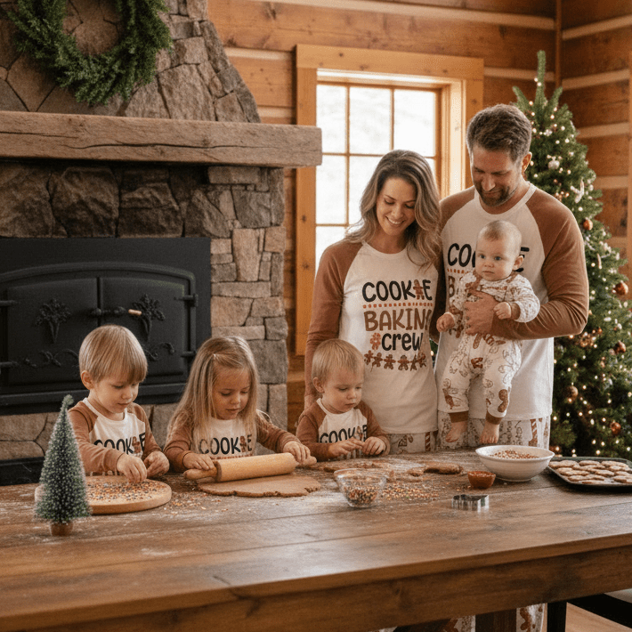 Family rolling cookie dough in a wooden cabin wearing Cookie Baking Crew pajamas and a gingerbread print baby romper.