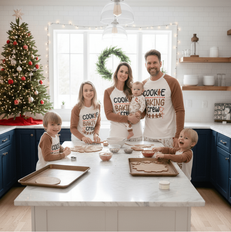 Family baking around a kitchen island beside a Christmas tree in brown-and-white Cookie Baking Crew pajamas.