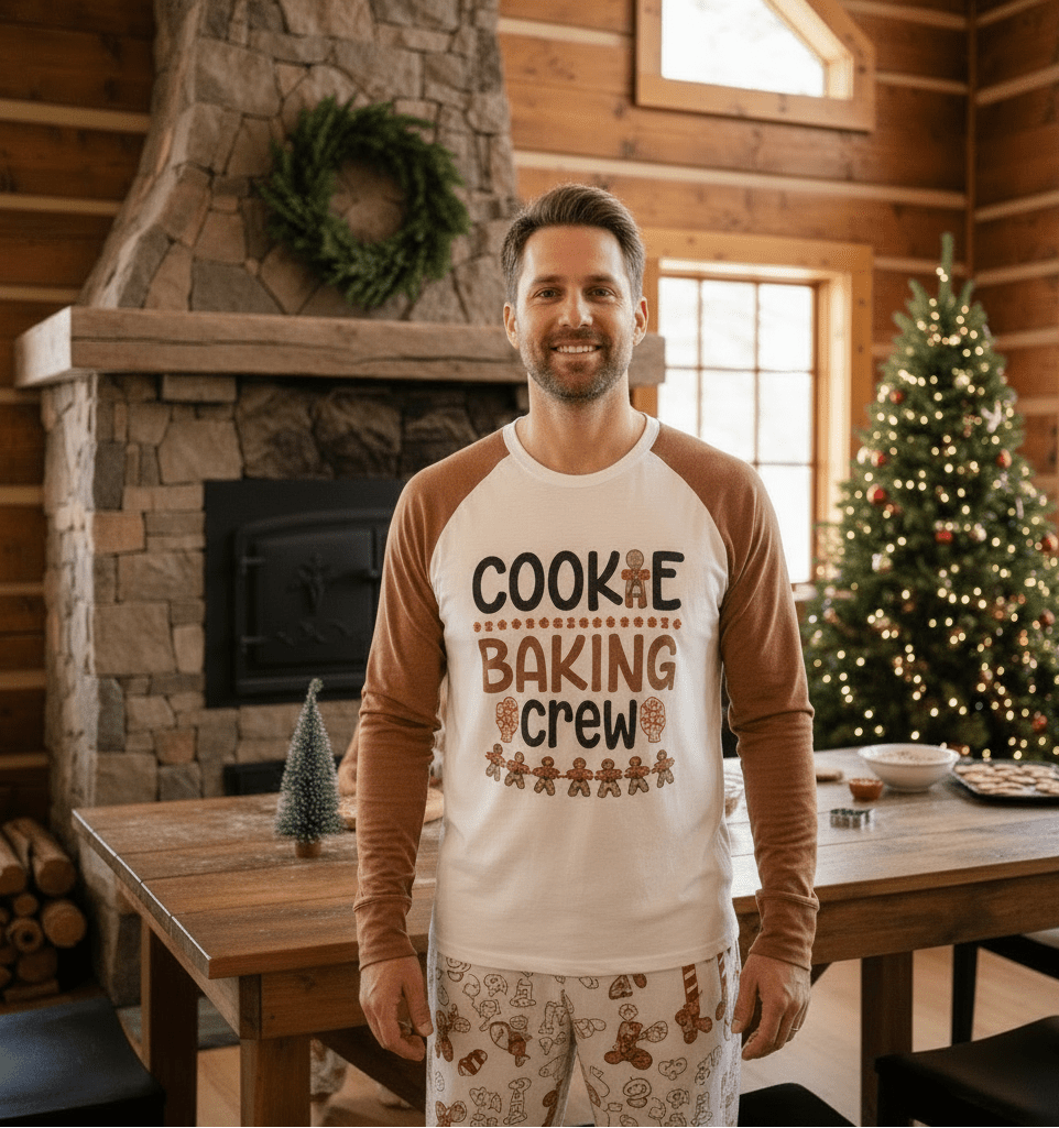Man beside a cabin fireplace in a Cookie Baking Crew pajama top with brown raglan sleeves and gingerbread print pants.