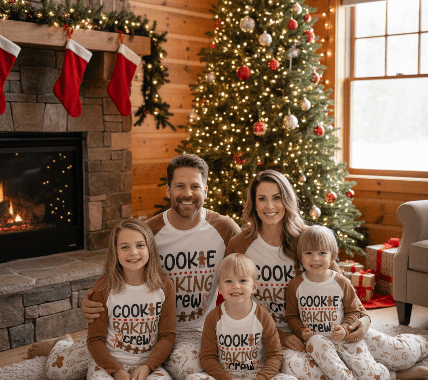 Parents and three children seated beside a fireplace and tree in brown-and-white Cookie Baking Crew Christmas pajamas.