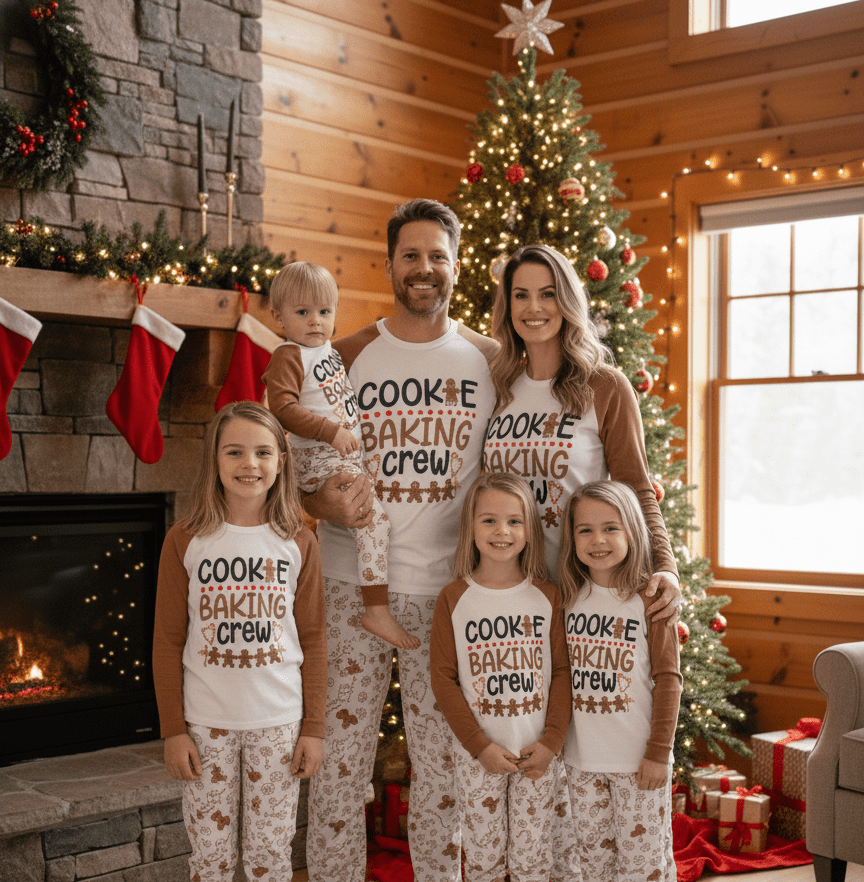 Eltern und vier Kinder neben dem Kamin und Weihnachtsbaum einer Hütte in passenden Pyjamas mit „Cookie Baking Crew“-Aufschrift.