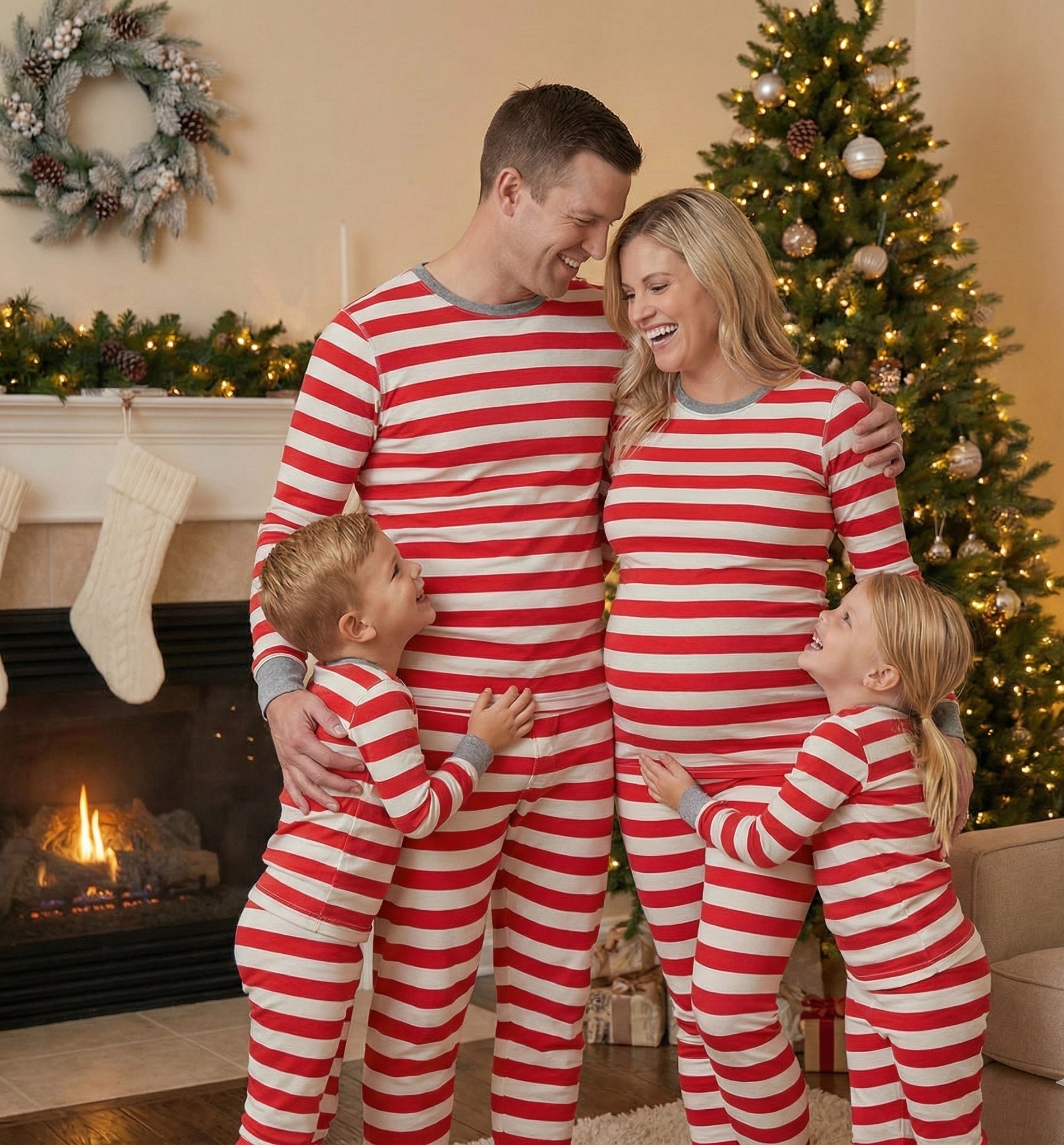 Holiday Candy Cane Striped Matching Family Christmas Pajamas with Dog Bandana