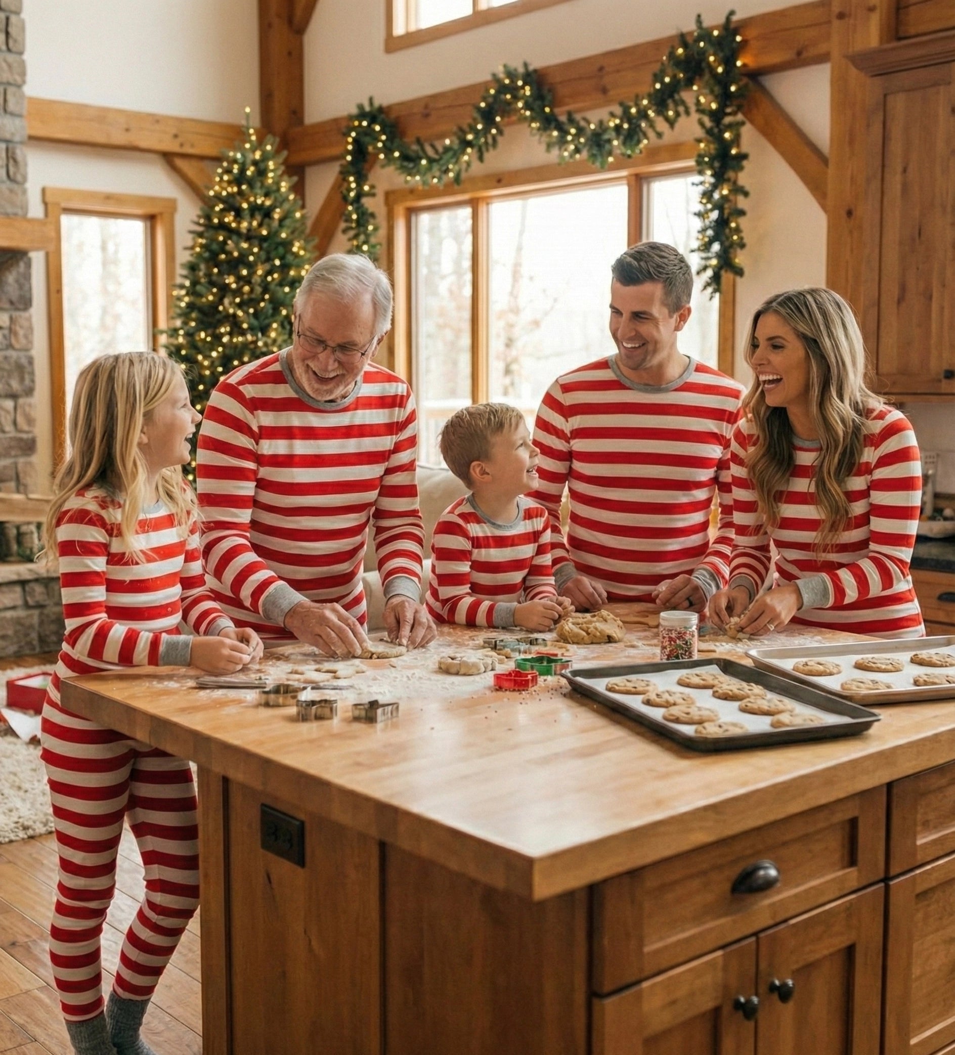 Holiday Red and White Striped Matching Family Christmas Pajamas with Dog Bandana