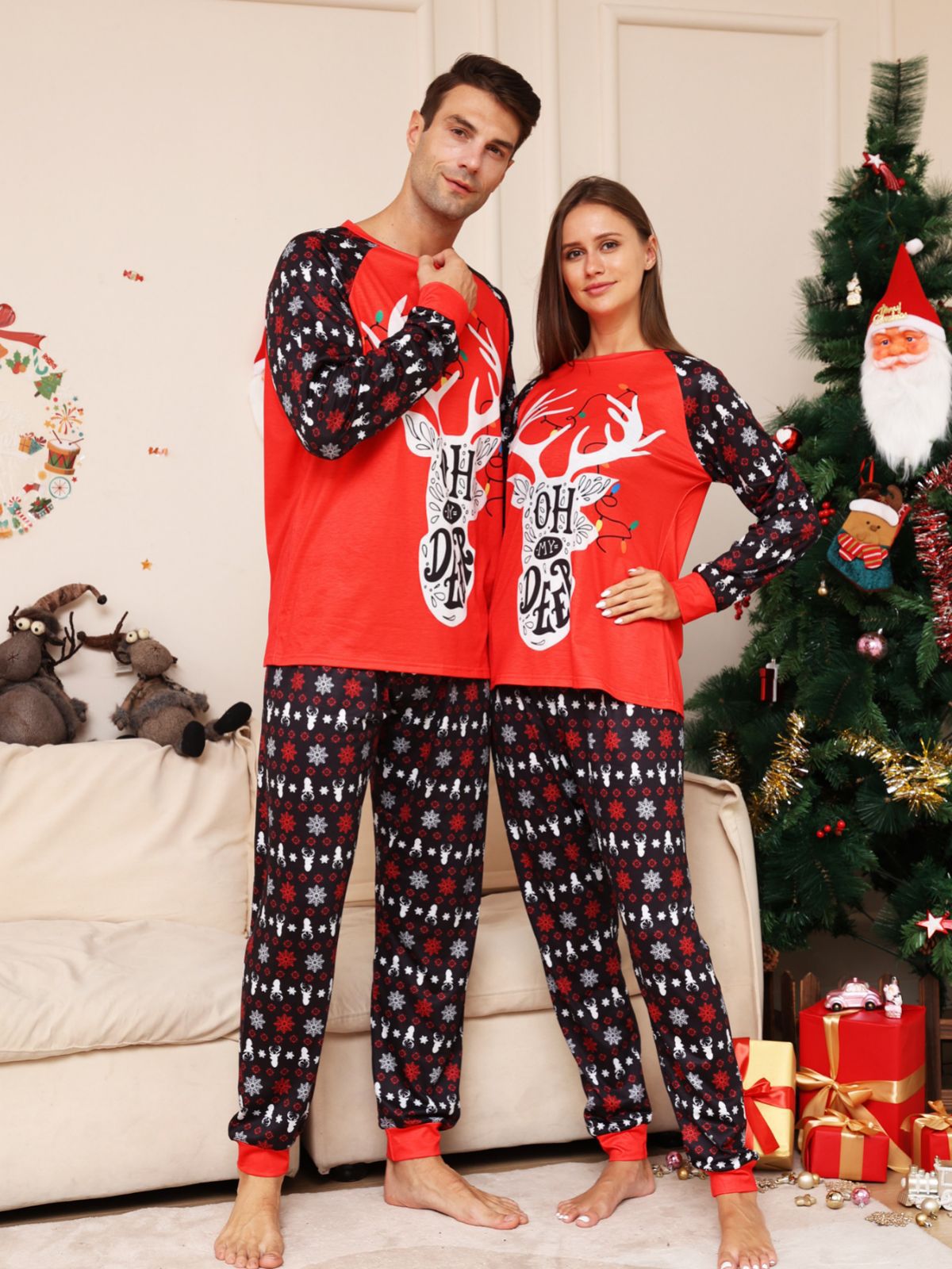 Red Christmas Snow Deer Matching Family Christmas Pajamas (Dog Pajamas Included)