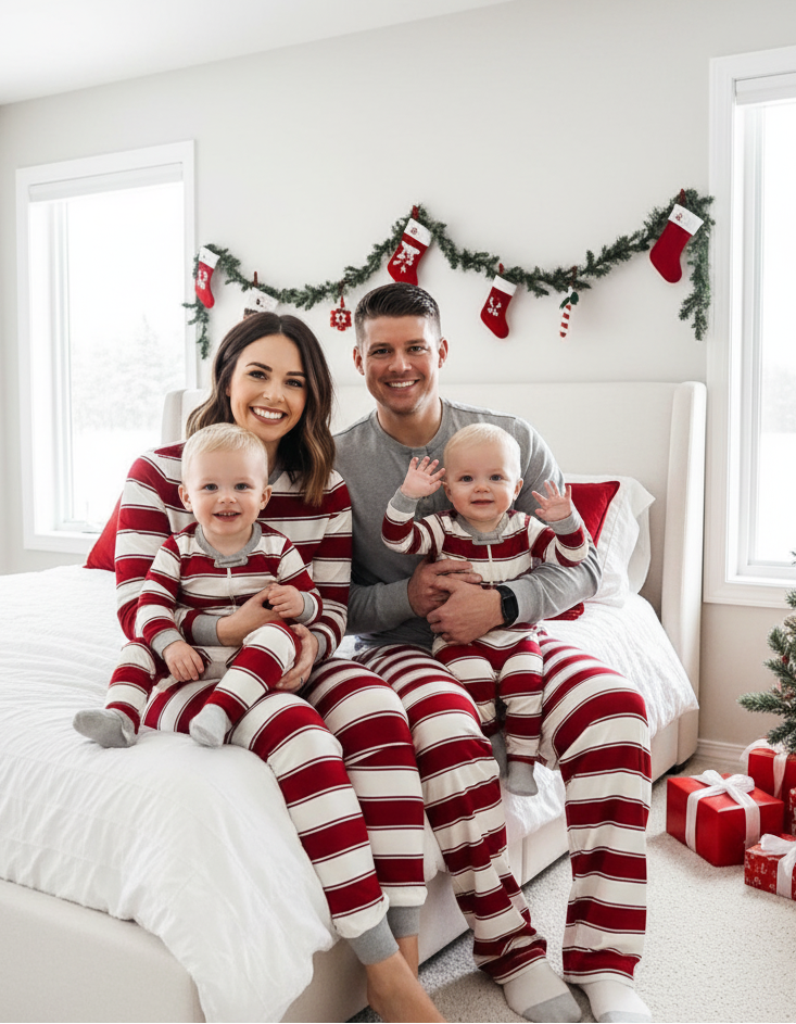 Red and White Stripe Round Collar Matching Family Christmas Pajamas-Dog Pajamas Included