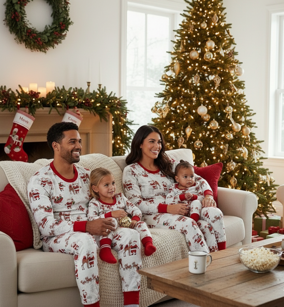 Christmas Elk Sleigh Pajamas Flat Lay – Complete Matching Family Set