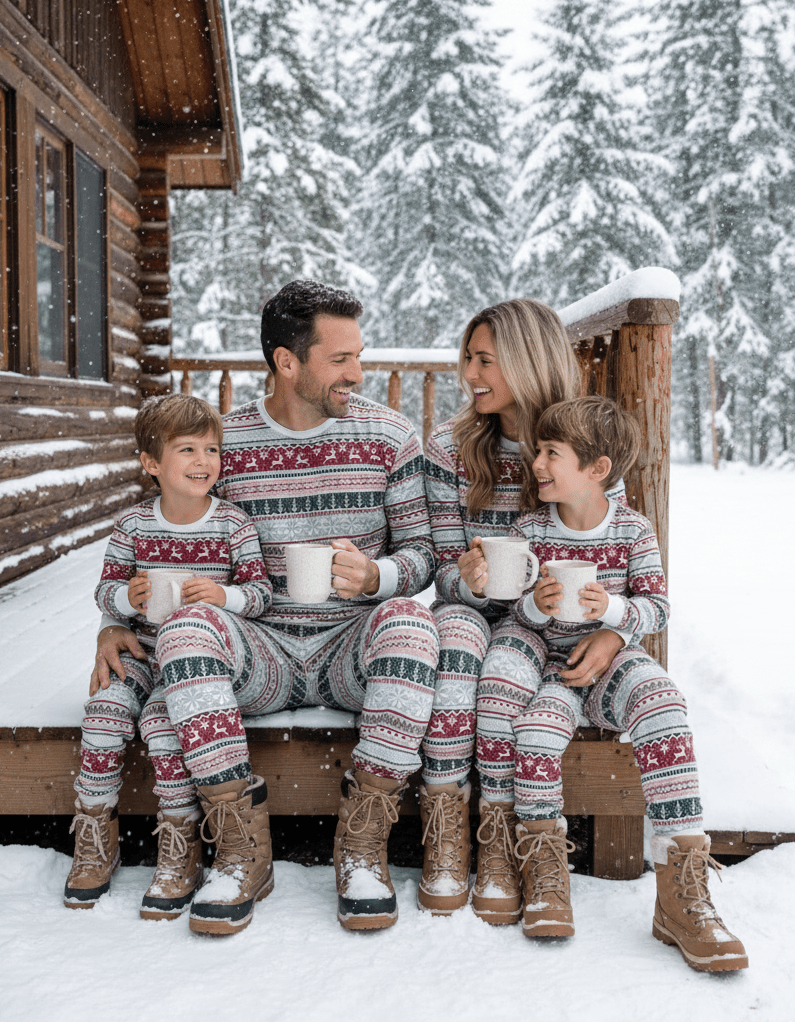Family of Four Holding Mugs on Snowy Log Cabin Porch in Matching Fair Isle Christmas Pajamas – Winter Outdoor Scene with Snow-Covered Pine Trees