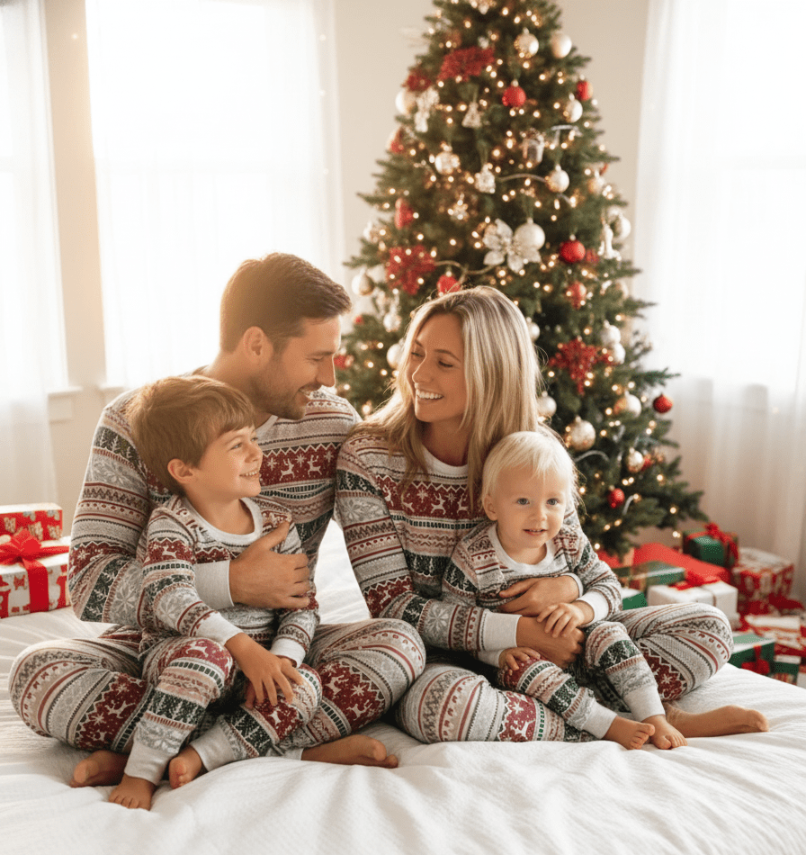Parents and Two Boys Sitting on Bed in Matching Fair Isle Christmas Pajamas – Warm Holiday Morning Scene with Lit Christmas Tree and Wrapped Gifts in