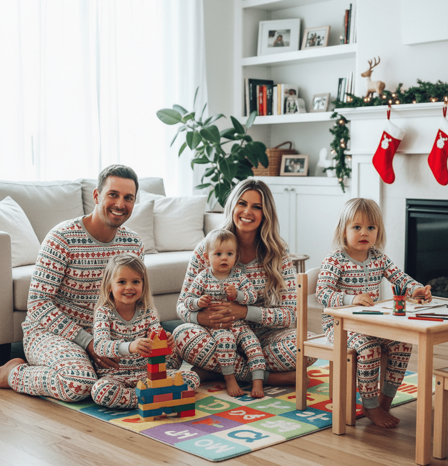 Christmas Tree Reindeer Pajamas Detail – Festive Holiday Print Close-Up
