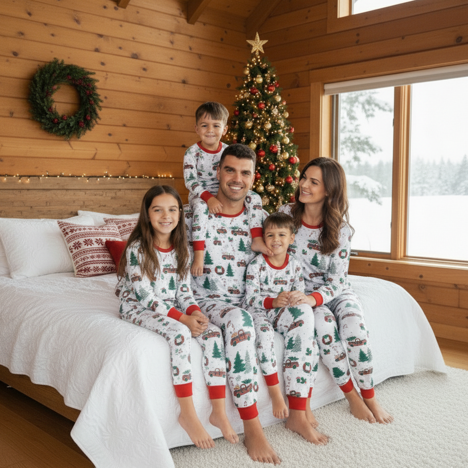 Cute Christmas Tree Truck Matching Family Christmas Pajamas – Holiday Sleepwear Main View
