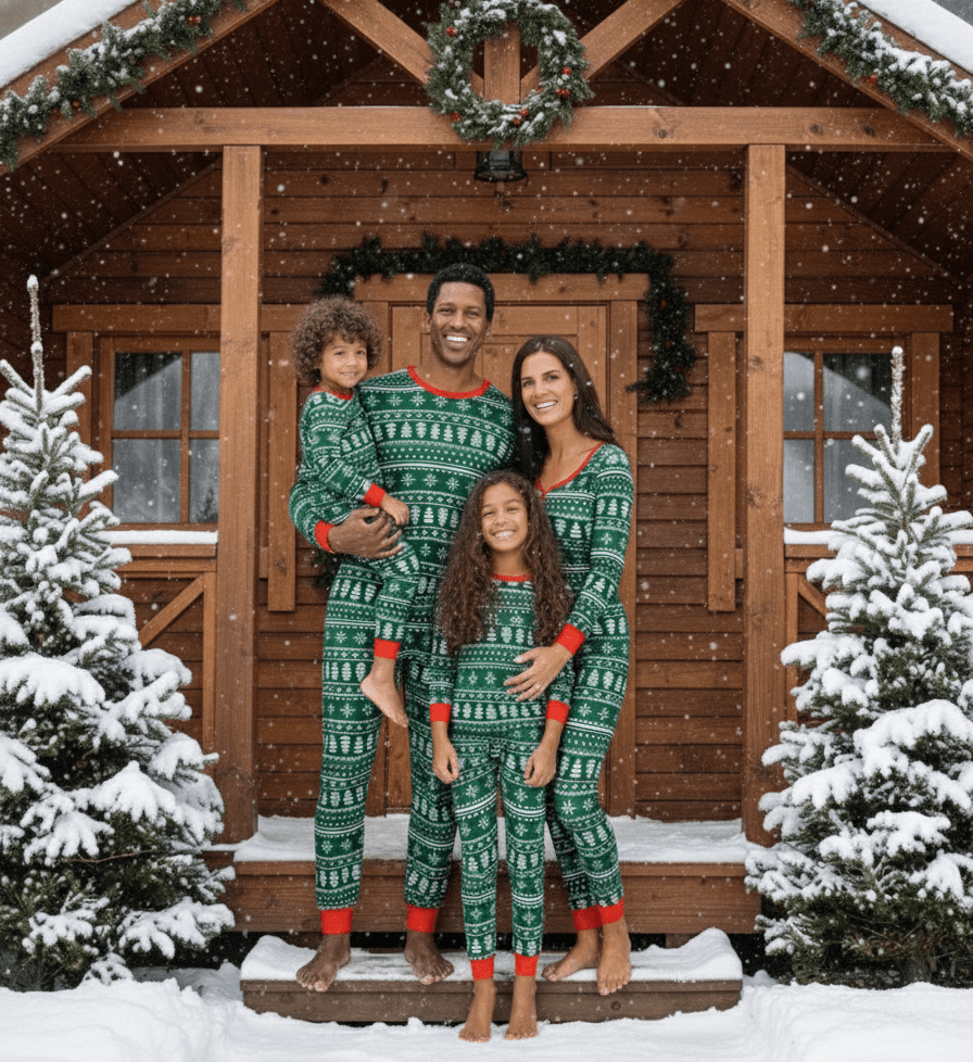 Cute Green Christmas Tree Matching Family Christmas Pajamas with Dog Set – Holiday Sleepwear Main View