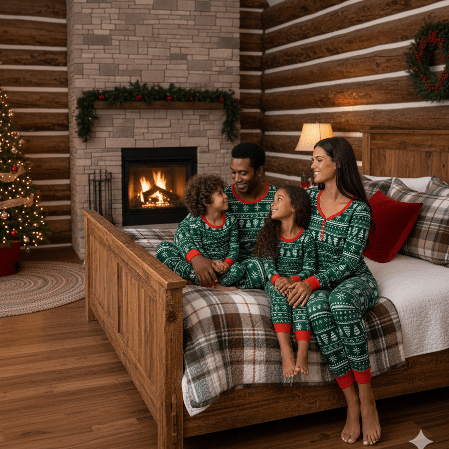 Cute Green Christmas Tree Pajamas Lifestyle – Adults and Kids Matching Holiday Sleepwear