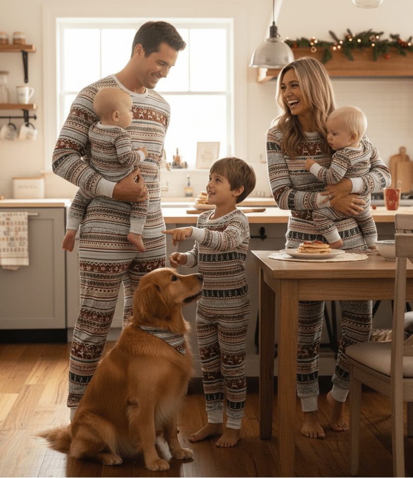 Family with Two Babies and a Boy in Fair Isle Christmas Pajamas in Bright Kitchen – Dad and Mom Each Holding an Infant While Boy Feeds the Golden Retriever, Holiday Morning Breakfast Scene