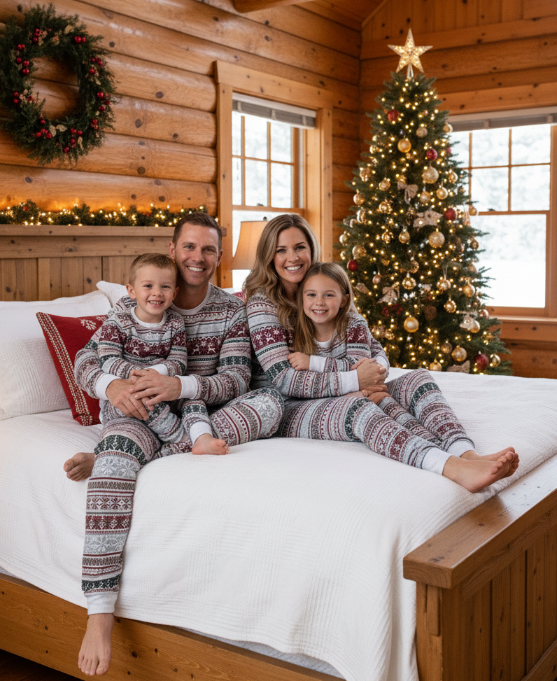 Fair Isle Matching Family Christmas Pajamas with Dog Set – Nordic Reindeer Snowflake Print