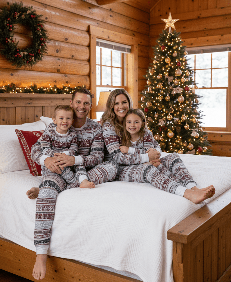 Family of Four on White Bed in Fair Isle Christmas Pajamas – Log Cabin Bedroom with Gold-Ornament Christmas Tree and Wreath, Warm Holiday Atmosphere