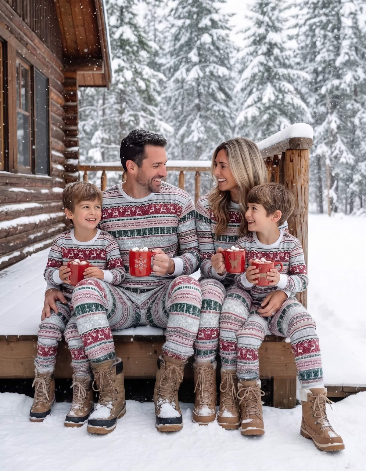 Family holding red mugs on a snowy cabin porch in red, green and white Fair Isle Christmas pajamas and winter boots.
