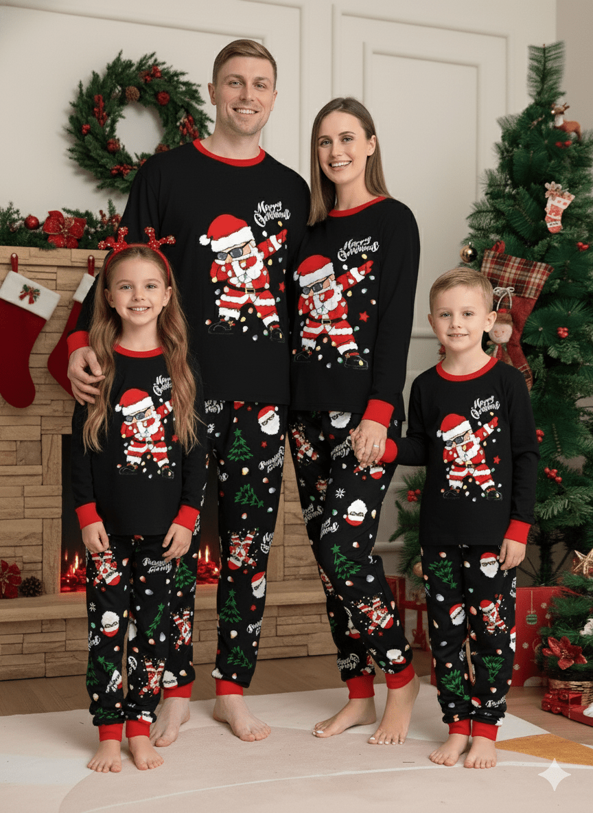 Eltern und zwei Kinder neben einem Weihnachtsbaum in schwarzen Pyjamas mit roter Einfassung und schwarzen Hosen mit Weihnachtsmannmuster.