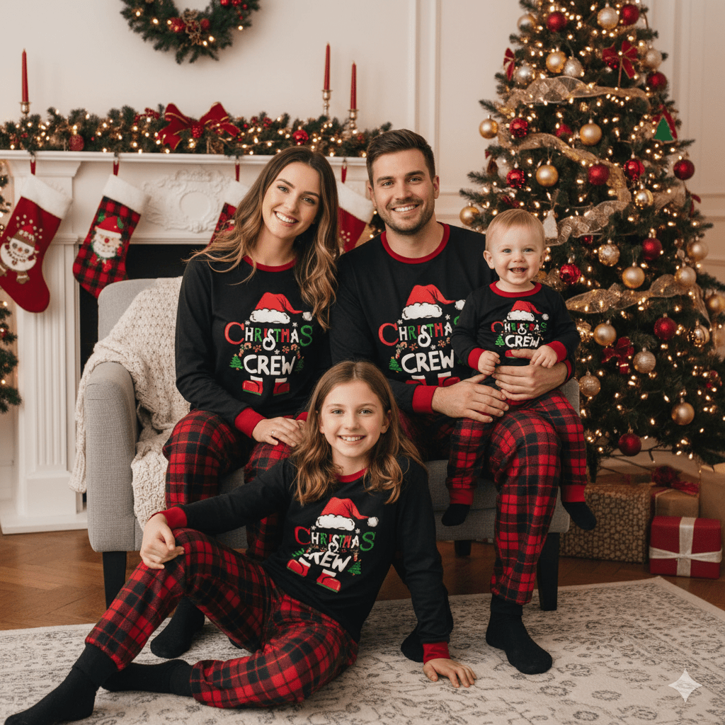 Genitori e due bambini accanto a un albero di Natale con maglie nere Christmas Crew e pantaloni del pigiama a grandi quadri rossi e neri.