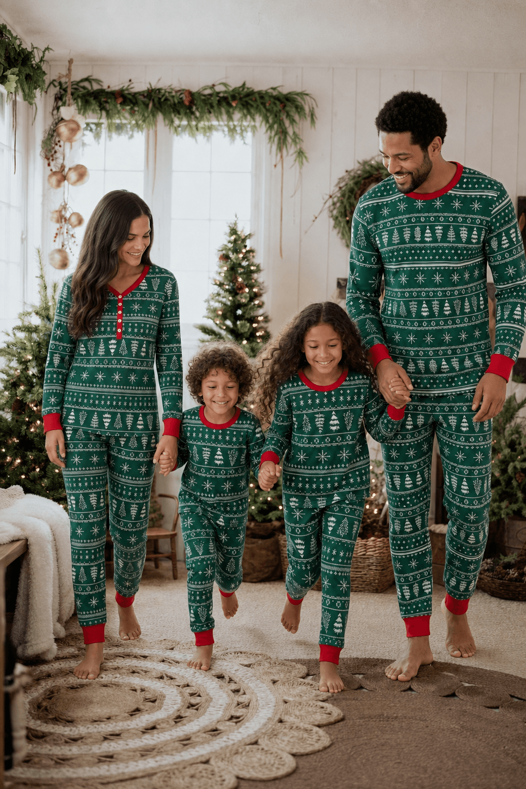 Family holding hands and jumping indoors in matching green Christmas pajamas with white tree motifs and red cuffs.