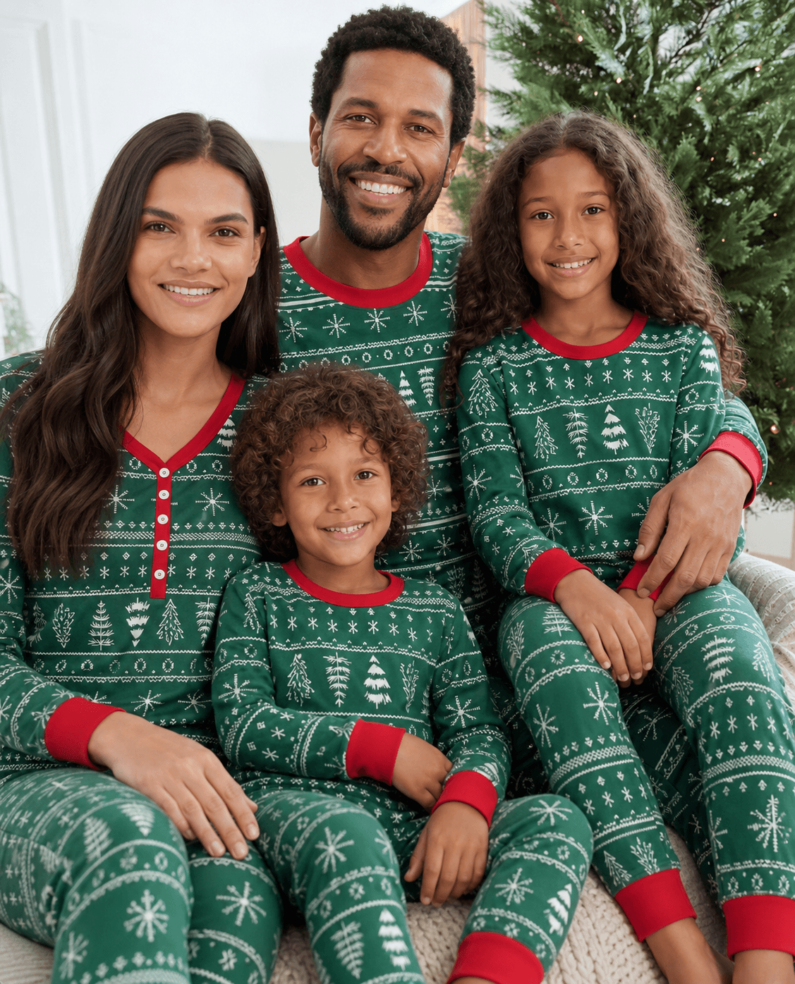 Ritratto ravvicinato di famiglia accanto a un albero di Natale, in pigiami verdi con alberi e fiocchi di neve bianchi e bordi rossi.