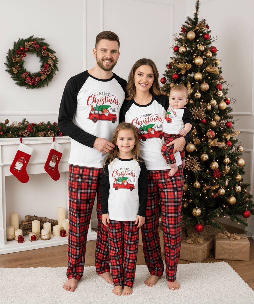 Famiglia accanto a un albero di Natale con maglie bianche del pigiama con camion rosso e maniche nere e pantaloni in tartan rosso.