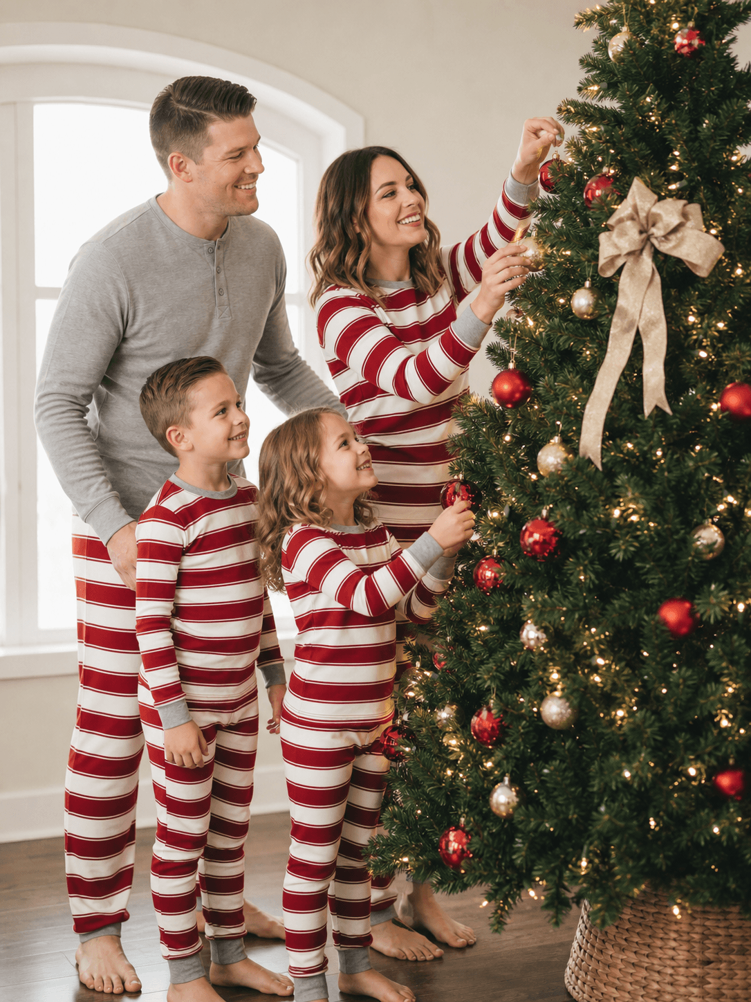 Family decorating Christmas tree in matching red and white striped holiday pajamas