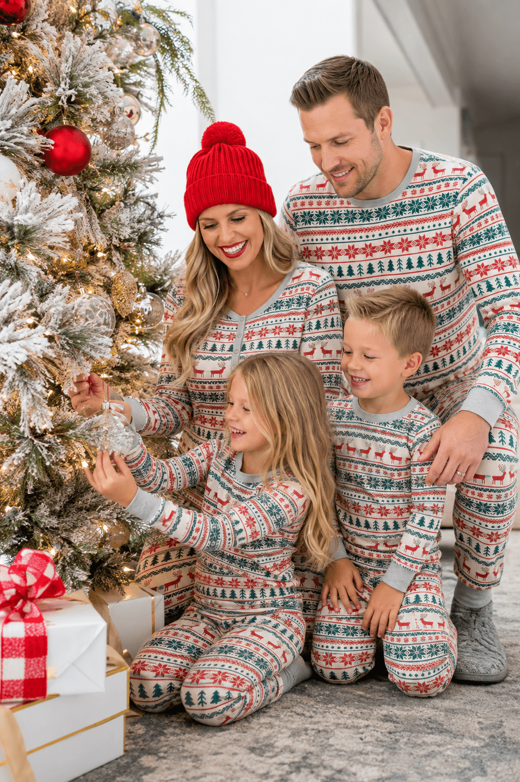 Genitori e bambini che appendono decorazioni a un albero di Natale, in pigiami Fair Isle coordinati rossi e verdi.