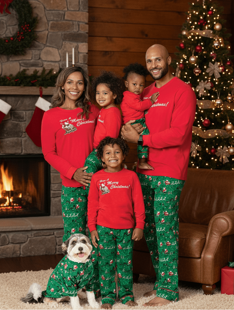 Familie und Hund am Kamin einer Hütte in roten Pyjamaoberteilen mit „Merry Christmas“-Aufschrift und grünen Hosen mit festlichem Muster sowie Haustiershirt.