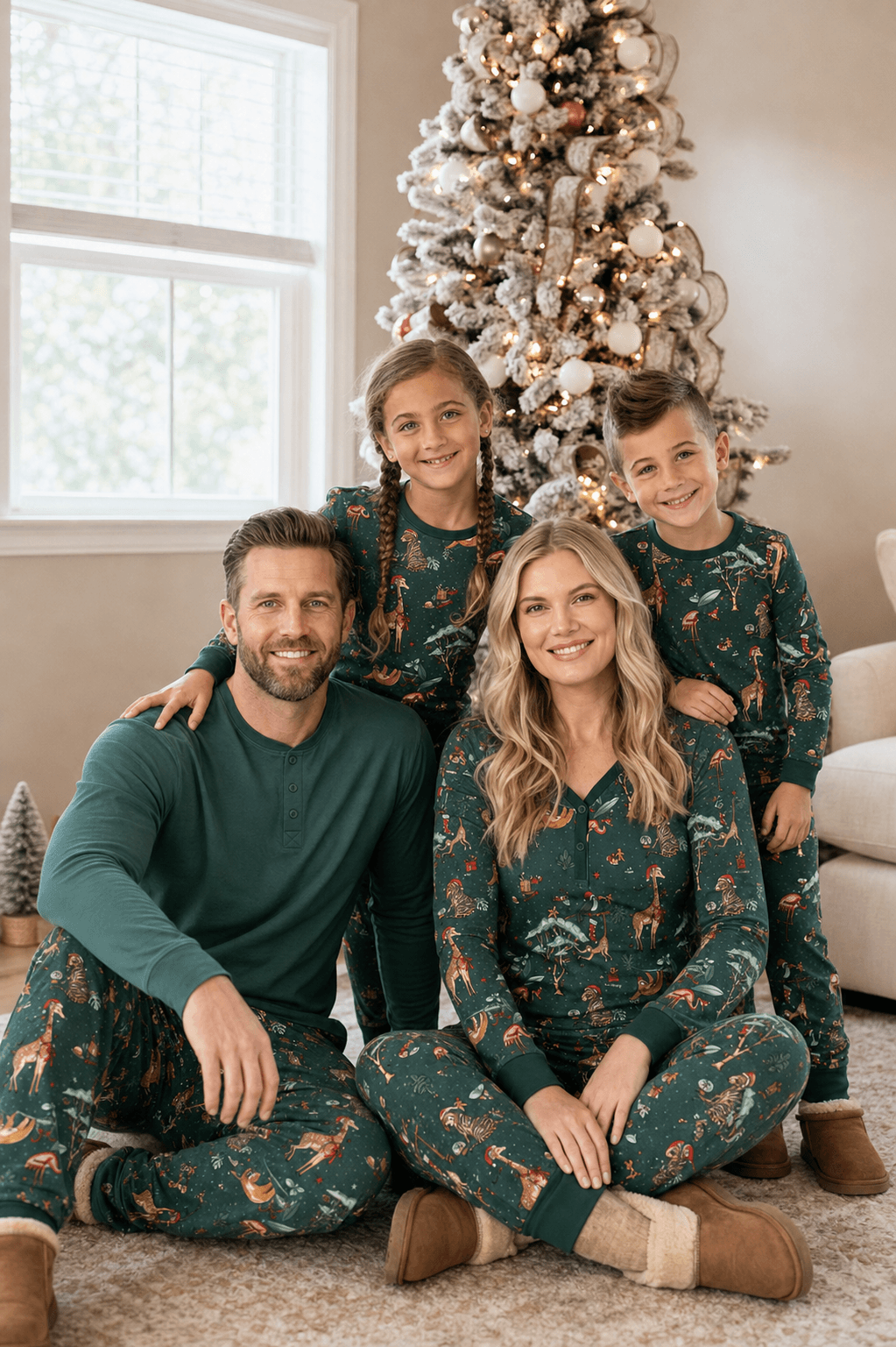 Famiglia in posa accanto a un albero di Natale in pigiami verdi con animali; il padre indossa una maglia verde in tinta unita.
