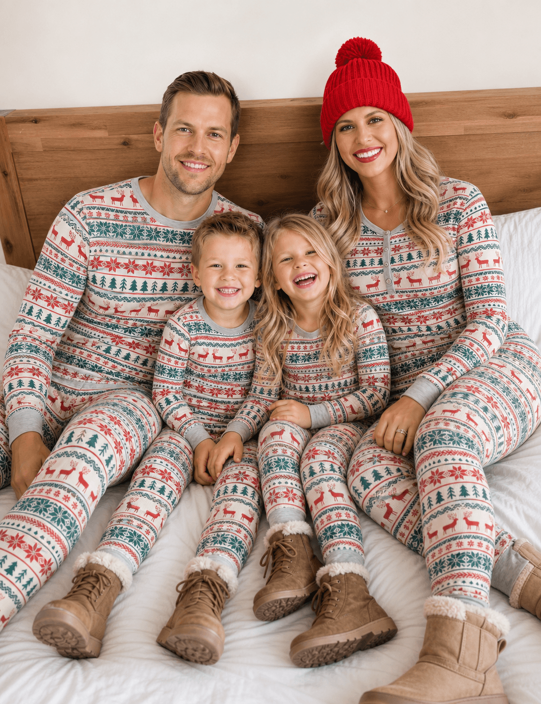 Famiglia seduta su un letto in pigiami natalizi coordinati con renne e alberi; la madre indossa un berretto rosso lavorato a maglia.