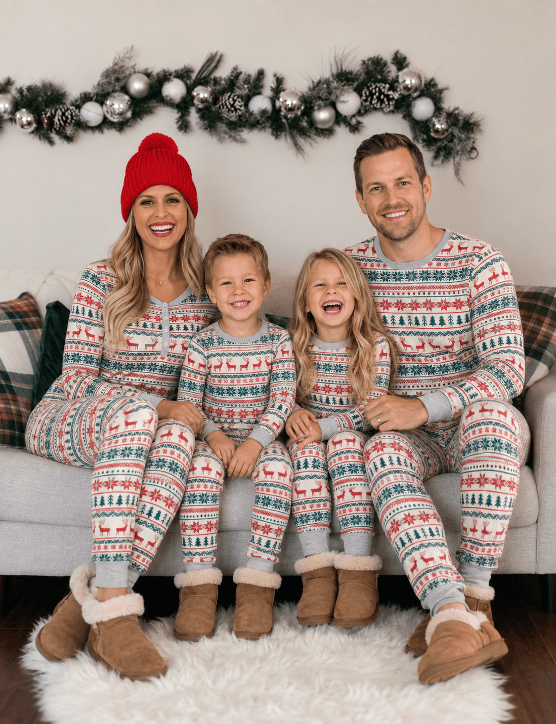 Genitori e due bambini su un divano sotto una ghirlanda di decorazioni, in pigiami natalizi coordinati con renne e alberi.