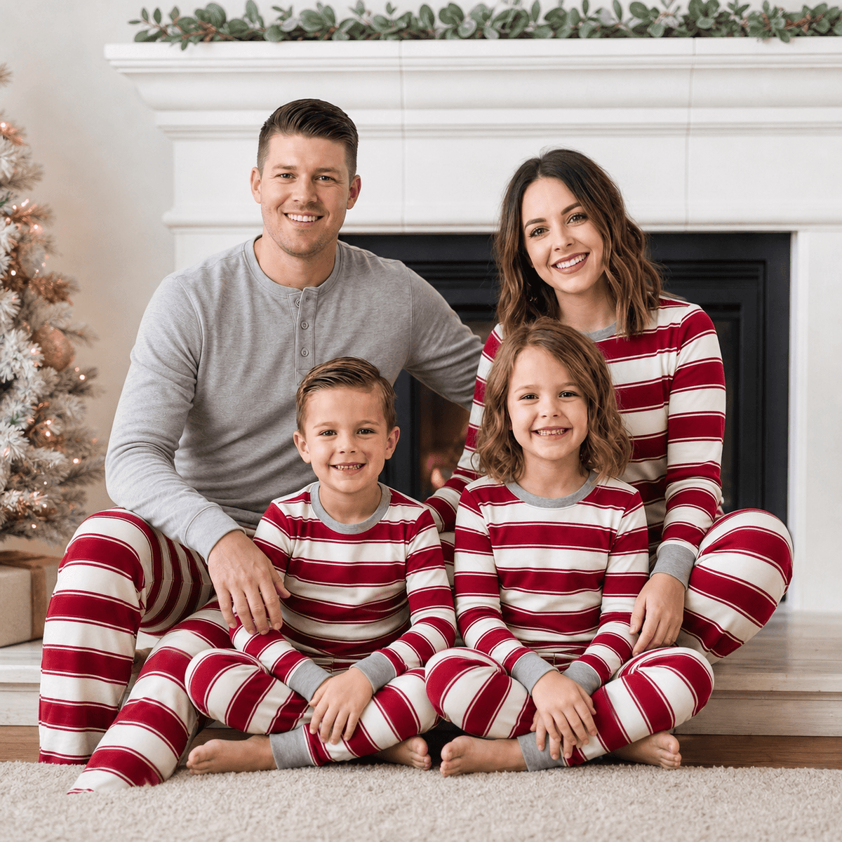 Family and dog sitting by festive white fireplace in matching red and white striped pajamas